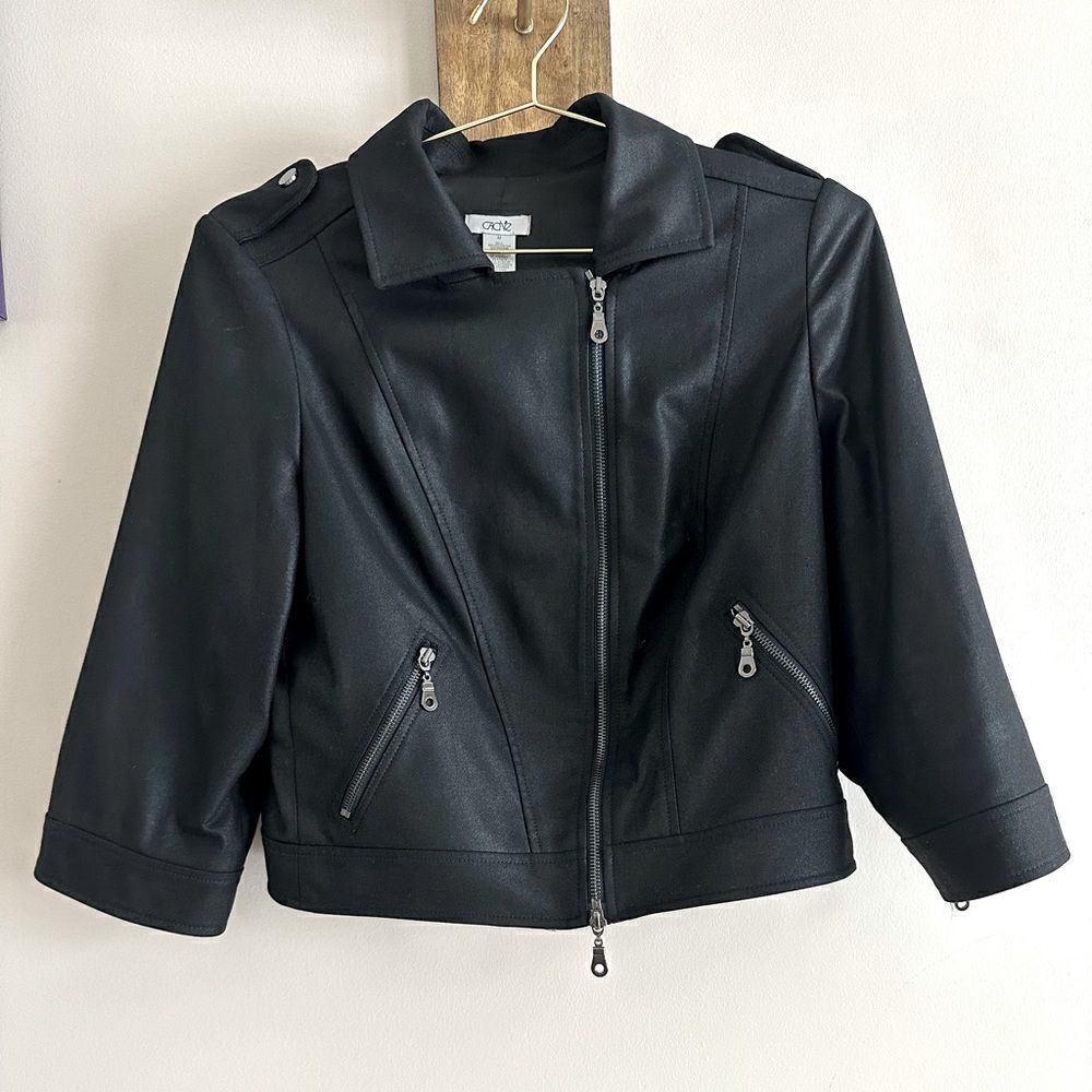 Cache Vintage Black 3/4 Sleeve Double Asymmetrical Zip Moto Jacket || size Med